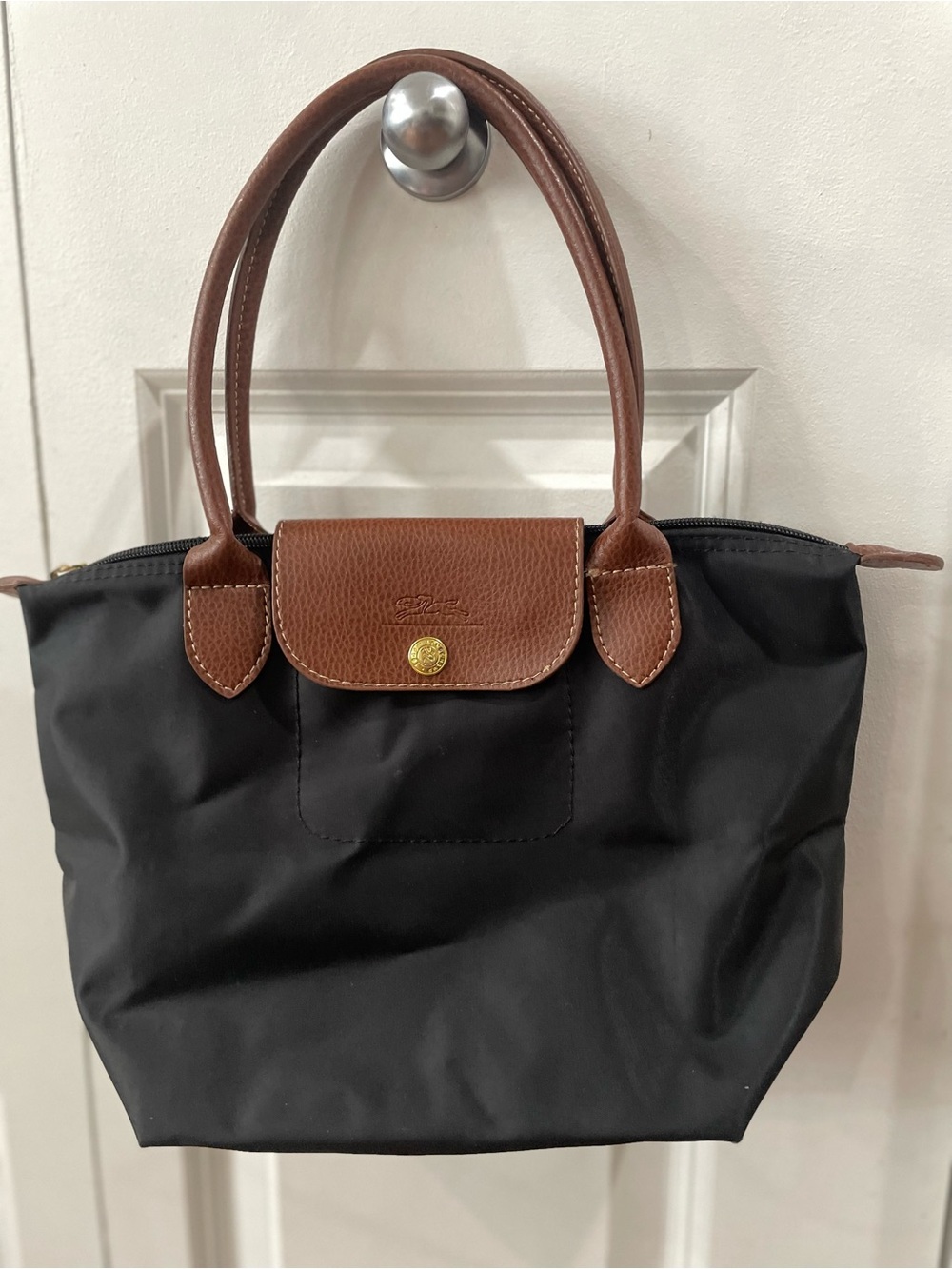 Longchamp Black Nylon Tote with Brown Leather Trim